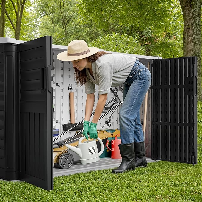 JUMMICO Resin Outdoor Storage Shed, 34 Cu Ft Horizontal Storage Cabinet with Shelves for Trash Cans, Garden Tools, Pool Supplies (Black)