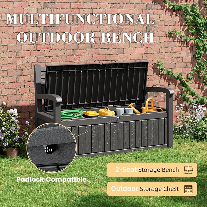 80 Gallon Lockable Deck Bench with Storage, Resin Stripes Outdoor Storage Box, Waterproof Outdoor Porch Bench for Cushions Garden Tools, and Pool Supplies, Black