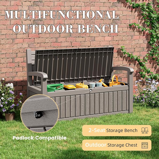 80 Gallon Lockable Deck Bench with Storage, Waterproof Outdoor Porch Bench, Resin Stripes Outdoor Storage Box for Cushions and Pool Supplies