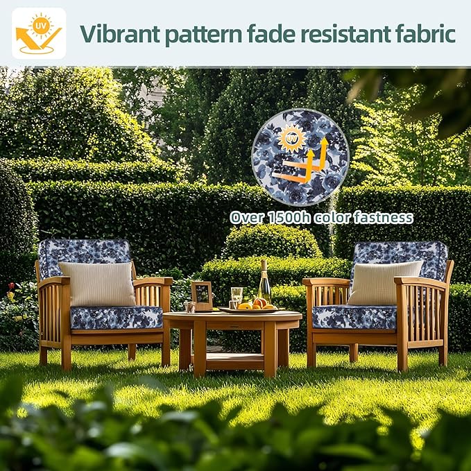 Favoyard Deep Seat Patio Cushion 19 x 19 x 3 in Waterproof Seat & Back Cushion Set with Color Fade Resisitant Pattern, Portable Handle, Attach Straps, Zipper on Removable Cover for Outdoor Furniture