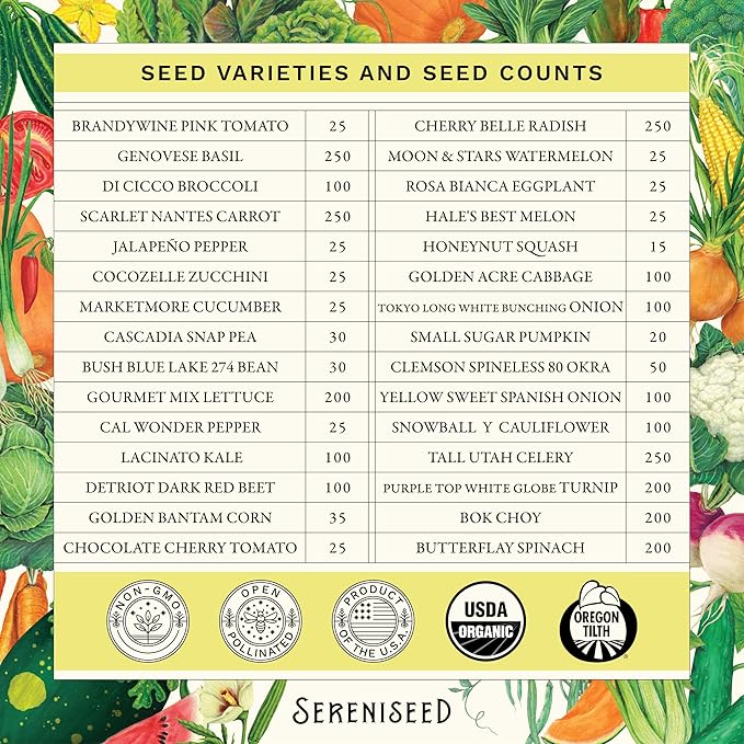 Sereniseed Certified Organic Vegetable Seeds (30-Pack) – Non GMO, Open Pollinated - Basil, Snap Pea, Broccoli, Bean, Jalapeno, Tomato, Lettuce, Cucumber, Carrot, Zucchini Seeds for Planting