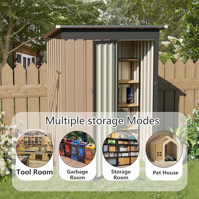 KEIKI 5x3 FT Metal Storage Shed with Pent Roof & Lockable Door, Small Outdoor Garden Tool Shed for Backyard, Patio, or Tiny House, Brown