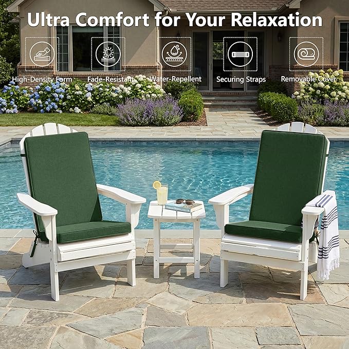Adirondack Chair Cushions Set of 2 - Removable Covers, Water-Repellent & Fade-Resistant Faux Linen, Securing Straps, Non-Slip Bottom, Fit for Most Outdoor Adirondack & Rocking Chairs - Olive Green
