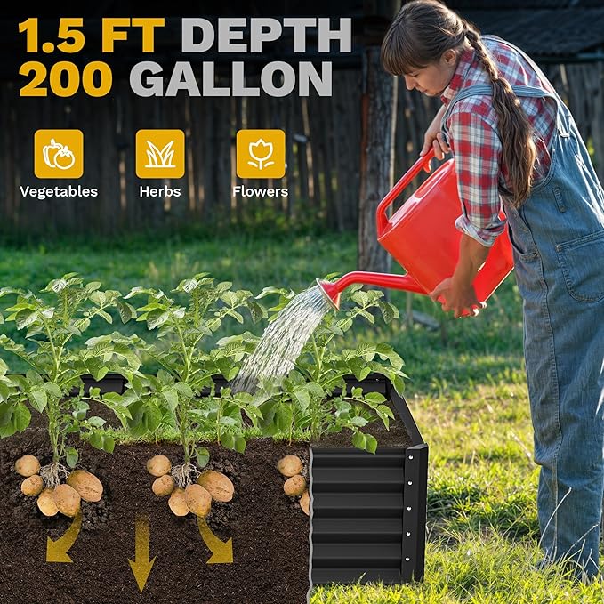 DWVO 2pcs 6 x 3 x 1.5 FT Raised Garden Bed Kit, Outdoor Galvanized Flower Bed with Gloves, Large Metal Planter Box for Vegetables, Flowers, Herbs, Fruits, Black