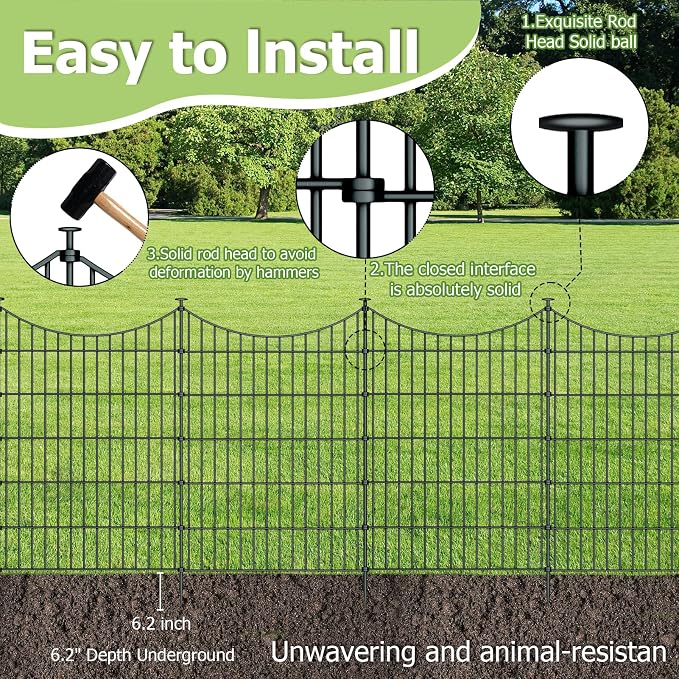 10 Panels Garden Fence Dog Fence Outdoor for Yard, 40in H x 23.6ft L Rustproof Metal Fencing with Ground Stakes | No Dig Animal Proof Containment for Pets/Rabbits | Durable Patio Security Panels