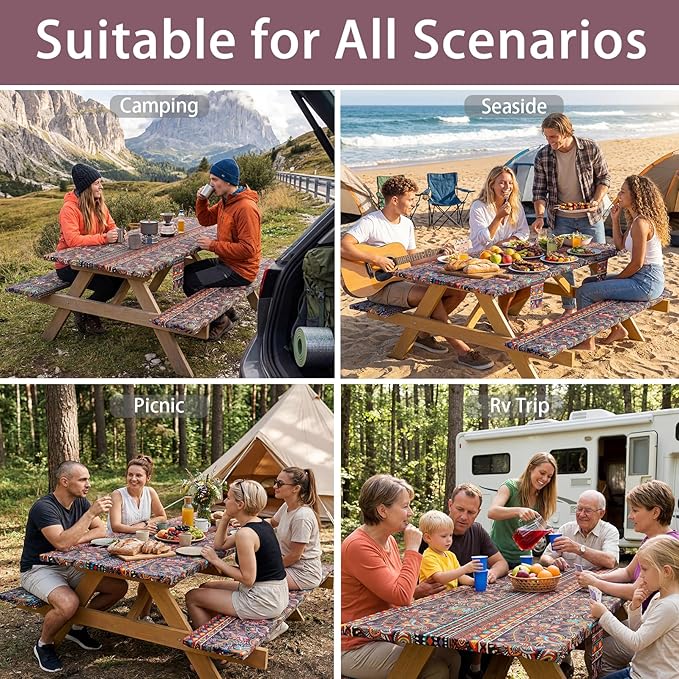 Fitted Waterproof Picnic Table Cover with Bench Covers Heavy Duty Elastic Outdoor Camping Tablecloth for 6 Foot Rectangle Tables Summer Rv Accessories Patio Garden Road Trip Essentials Gifts
