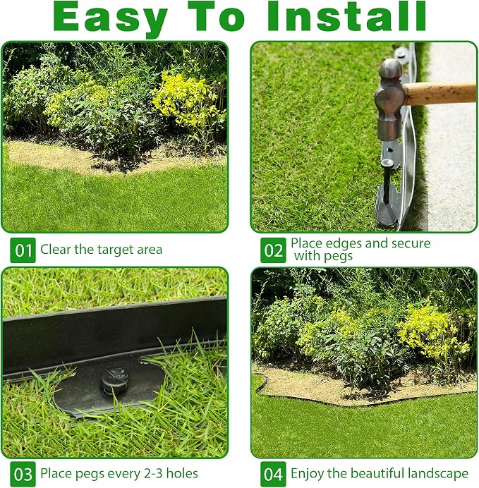 Landscape Edging Border 33 FT 2 Inch Tall with 60 Spikes, Plastic Edging for Landscaping, Garden Edging Border， Flower Bed, Paver and Lawn Edging Border, Black