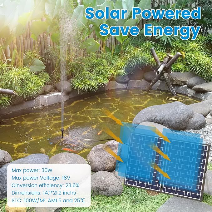 NFESOLAR 30W Solar Pond Filter Fountain Pump Kit, 200 GPH Submersible Water Pump with 7 Nozzles, 16.4ft Power Cable & 6.6ft Water Tubing, for Koi Ponds, Fish Tanks, Backyard Garden Decor