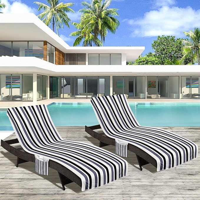 Lounge Chair Towel Cover, Beach Chair Covers (Pack of 2), Chaise Lounge Cover with 3 Pockets for Pool Beach Garden Courtyard Outdoor Trips, 85 x30 in, Striped Black Gray