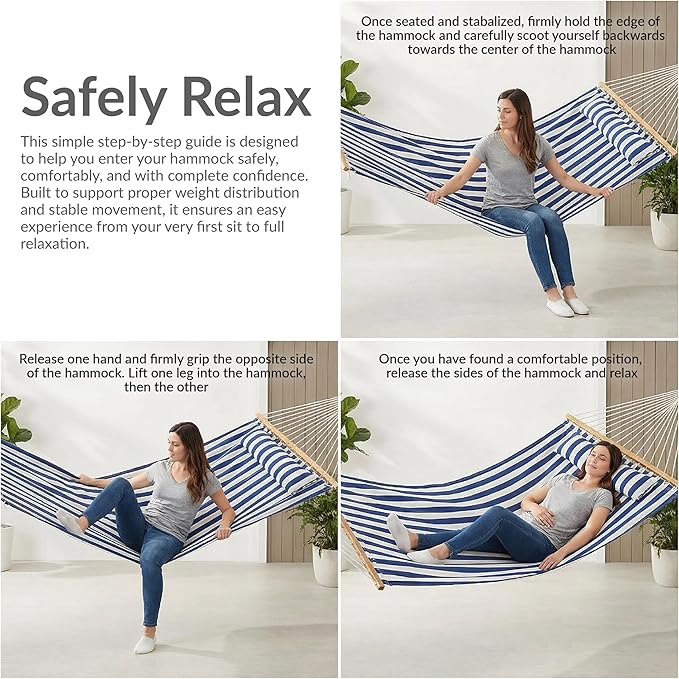 Sunnydaze Quilted Outdoor Hammock with Spreader Bars - Heavy-Duty 450-Pound Capacity Double Hammock for Outside - Caribbean Stripe
