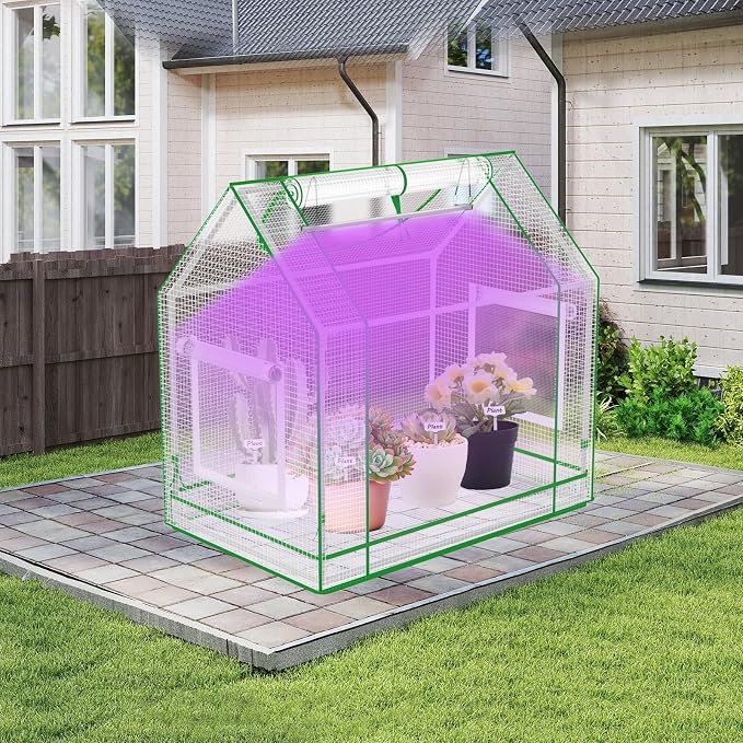 [CareForge] Mini Greenhouse Indoor with Grow Light & PE Bottom Mat, 27.5x19.6x27.1 Tabletop Greenhouse for Seed Starting, Portable Small Greenhouse for Outdoors, Multi-Window & 4 304 SS Labels