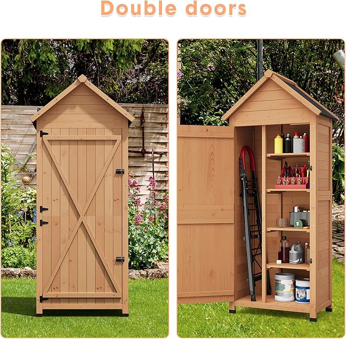 63in Tall Outdoor Storage Shed, Waterproof Wooden Garden Tool Shed with 4 Shelves and Lockable Doors, Vertical Outdoor Storage Cabinet for Patio Yard Lawn