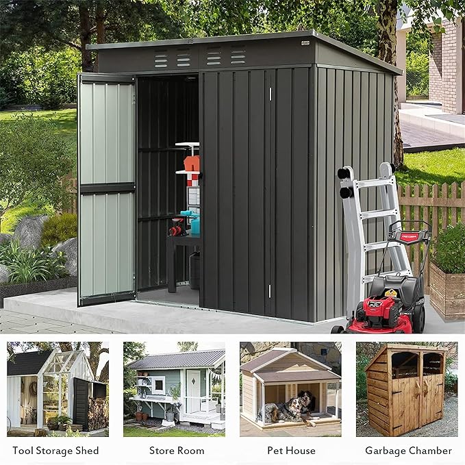 Christopher Knight Home Avonn Backyard Storage Shed with Sloping Roof Galvanized Steel Frame Outdoor Garden Shed Metal Utility Tool Storage Room with Latches and Lockable Door (6x4ft, Dark Gray)