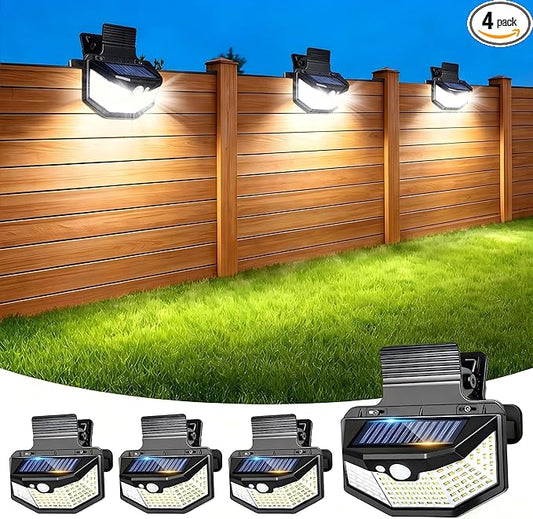 Clip on Solar Lights Outdoor with Motion Sensor, 800LM & 270° Wide Angle Solar Fence Lights Outdoor Waterproof with 115 LEDs, 3 Modes & Portable Security Lights for Chain Link Patio Deck Yard (4Pack)