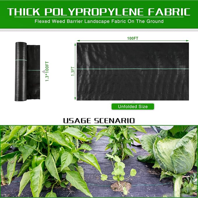 Weed Barrier Landscape Fabric Heavy Duty, 1.3FT x 100FT Thicken Garden Fabric Weed Mats, Weed Control Garden Cloth, Woven Geotextile Fabric for Garden Beds, Underlayment, Commercial Driveway