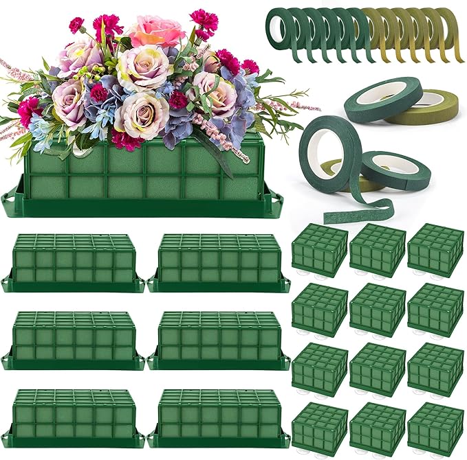 Hahood 18 Packs Floral Foam Cage Rectangle and Square Flower Holder with Floral Foam Blocks Flower Cage Holders Flower Arrangements Supplies Cage for Fresh Flowers, Wedding Home Garden Decorations