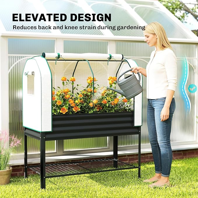 Outsunny Galvanised Raised Garden Bed with Greenhouse Cover, Metal Elevated Garden Bed with Legs, Bed Liner and Bottom Shelf, Outdoor Raised Planter Box for Vegetables, Herbs, Flowers, Black
