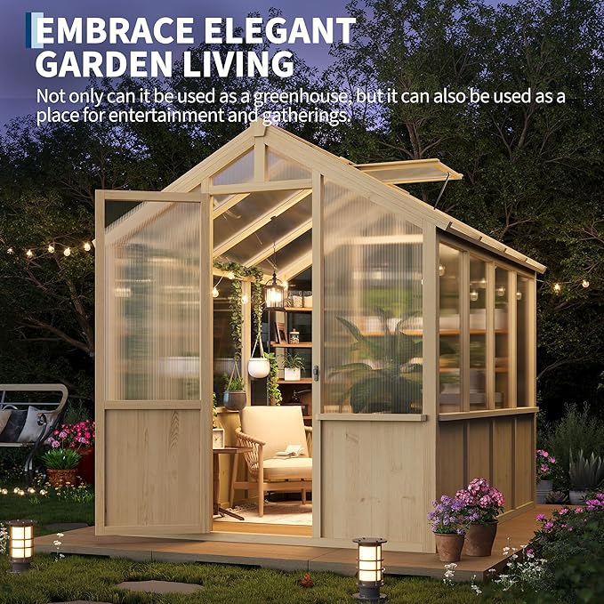 6x8 FT Greenhouse - Large Wooden Greenhouses for Outdoors, Heavy Duty Spruce Frame Greenhouse with PC Panels, Adjustable Roof Vents & Lockable Door, Walk-in Green Houses for Garden, Backyard, Patio