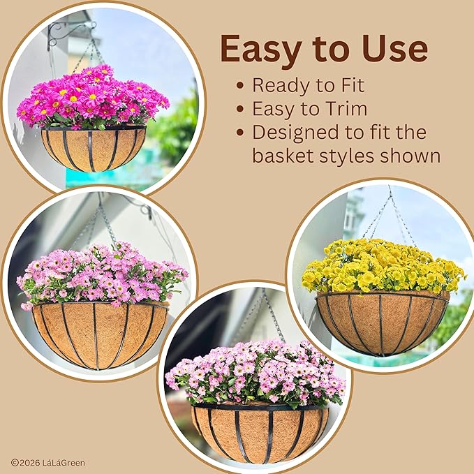 LaLaGreen 20" (4 Pack, Round) Coco Liners for Hanging Basket – Large Coir Fiber Replacement Liner for Pot, Outdoor Wall Mounted Planter – Also Available in 8/10/12/14/16/18 Inch & Different Shapes