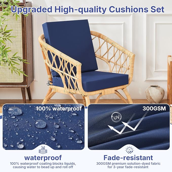 Waterproof Patio Chair Cushions Set of 4, 19 x 19 x 3 Inch Outdoor Seat Cushions for Patio Furniture with Handle and Ties, 3 Year Color Fastness Square Garden Sofa Couch Pads, Dark Blue