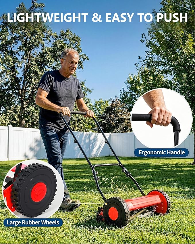 GarveeLife 5-Blade Push Reel Lawn Mower, 16-Inch Manual Push Grass Cutter, Adjustable Cutting Height, Lightweight & Easy Assembly for Small/Medium Yards, Compact Storage, Quiet Eco-Friendly