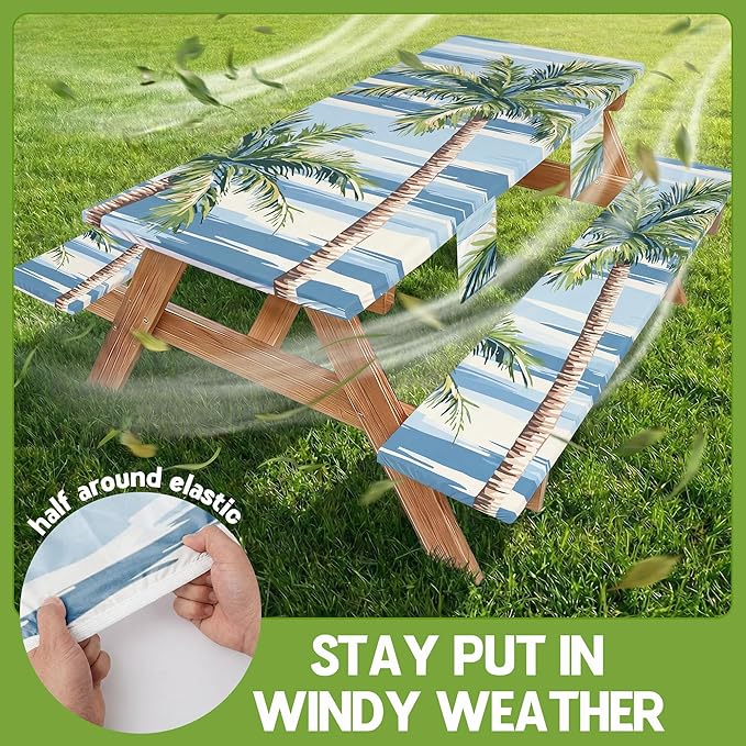 Picnic Table Cover with Bench Covers Waterproof Elastic Rectangle Reusable Folding Tablecloth Manteles Mantelería Camping Essentials Rv Car Travel Supplies Table Cloth Outdoor Road Trip Camper Gifts