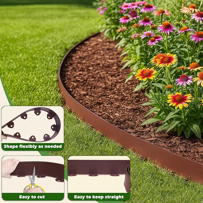 Gardzen Landscape Edging Kit, 40-Foot Long, 3-Inch Tall, No Dig Garden Edging Border for Flower Beds, Tree Rings, Pathways, Includes 40 Spikes, Brown