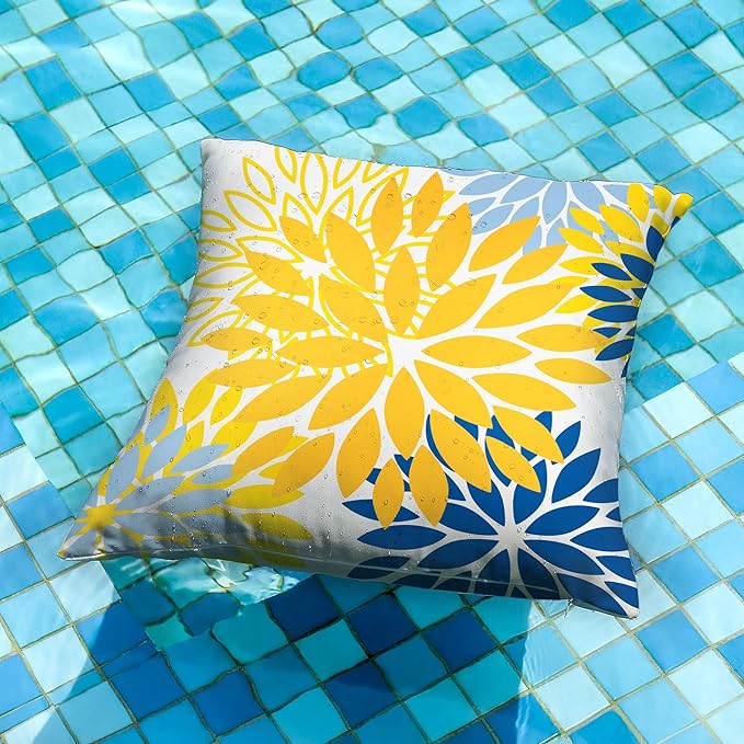 DFXSZ Yellow Blue Flower Pillow Covers 20x20 Inch Set of 2 White Gray Colored Throw Pillows Outdoor Waterproof Decor for Living Room Sofa Patio Funiture Garden Floral Polyester Pillow Covers 002J20