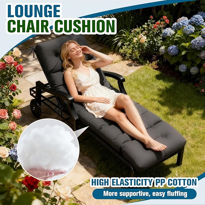MTMR Chaise Lounge Chair Cushion Outdoor, Waterproof Seat Cushions for Patio Furniture, Non-Slip Outdoor Replacement Pad for Lawn Pool Wicker Couch Loveseat, Thick Long Lounge Cushion, Dark Grey