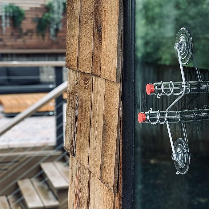 Geometric Window Hummingbird Feeder | Copper and Aluminum | Multiple Stations | Modern Hummingbird Feeder | Handcrafted | Home Décor | Glass Bottles | Suction Cups (Aluminum)