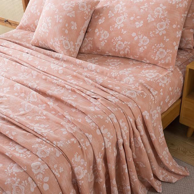 FADFAY Queen Sheets Set 100% Cotton Washed Double Gauze Muslin Bedding 4Pcs Vintage Coral Rose Floral Sheets Shabby Farmhouse Bedding Luxury Super Soft Breathable Deep Pocket Fitted Sheet, Queen Size