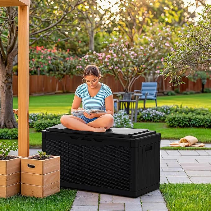 Greesum 100 & 31 Gallon Black Resin Deck Boxes for Patio Furniture, Garden Tools Storage