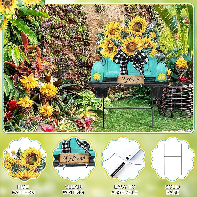 Weysat Sunflowers Yard Sign 13.7 Inch Sunflowers Metal Decoration Outdoor Summer Decoration for Home Outdoor Summer Truck Yard Decor with Stakes Waterproof for Garden Patio Lawn Party Walkway Decor