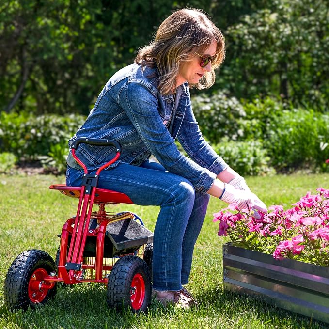 Sunnydaze Garden Seat with Wheels - Rolling Gardening Seat - Garden Stool on Wheels with Adjustable Handle and Utility Tray - Red