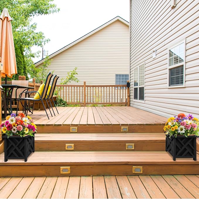 Lattice Design Outdoor Planter Box 2-Pack - 15.5” Square 16.5” Tall Black Decorative Plant Pots for Front Porch Decor - Flower Pots Outdoor Planters for Porch Patio or Garden Decor by Pure Garden