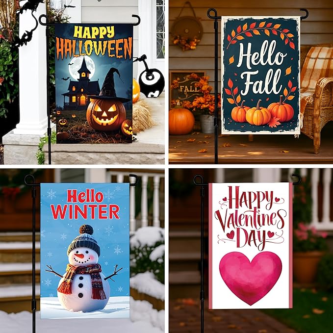 VAPARA DESIGNS Set of 10 Seasonal Garden Flags - 12"x18" Double Sided Garden Flags for Outside - Winter, Summer, Fall, Spring, Halloween, Christmas, Easter, Thanksgiving, Valentines Day, 4th of July