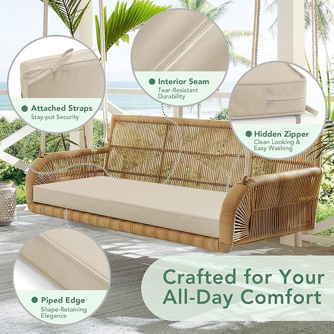 Summsun Outdoor Bench Cushion: Waterproof and Fade Resistant Patio Furniture Cushions - Non-Slip Bench Pad Cushion with Removable Cover for Garden Swing Porch Sofa Settee, 59 x 18 Inch, Beige