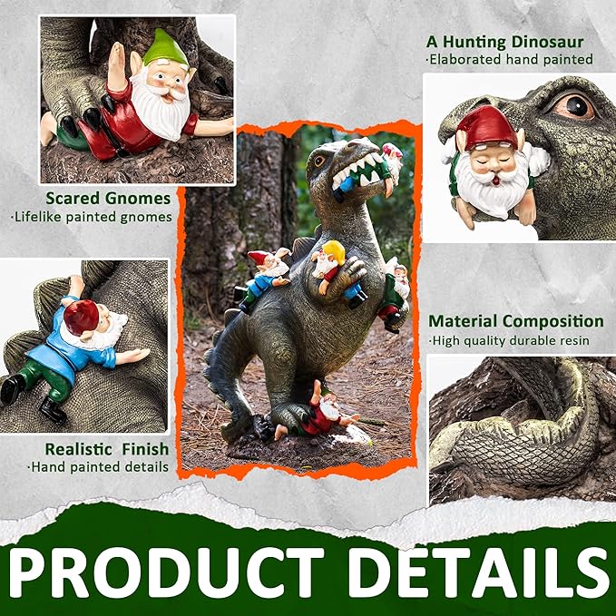 SOWSUN Garden Gnomes Statues Yard Decorations Outdoor Garden Decor, 14” Dinosaur Gnomes Garden Statues, Patio, Lawn Ornament, Gardening Gifts for Women for Housewarming