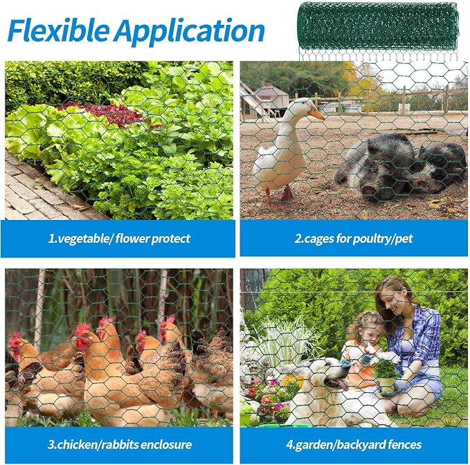48'' x 150' Green Chicken Wire Fencing, 1 inch Chicken Wire and 19 Gauge Poultry Netting, Garden Mesh Fence Roll for Floral Arrangements/Crafts/Farm/Livestock/Pet Protection