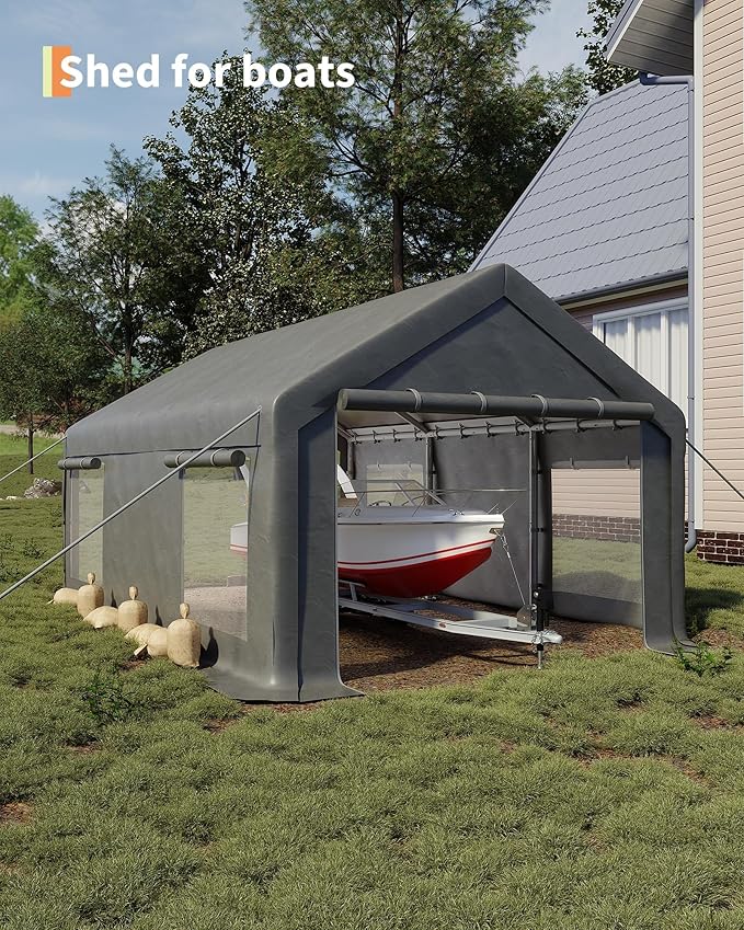 12x20 ft Portable Garage, Heavy Duty Carport with 200g PE Canopy, Roll-Up Doors and 4 Mesh Windows, 21 & 18 Galvanized Steel Frame, Outdoor Carport Shelter for Truck Boat SUV Tractor, Grey