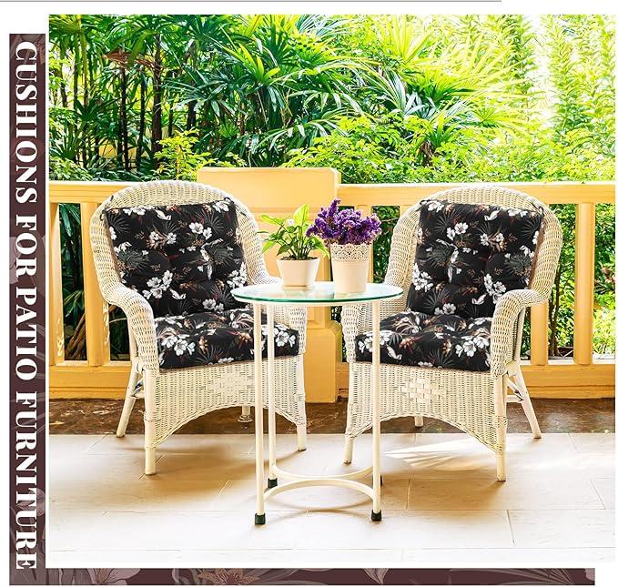 Marsui 4 Pcs Outdoor Indoor High Back Chair Cushions Patio Furniture Tufted Pillow with Ties Water-Resistant Replacement Outdoor Rocking Chair Cushions, 42 x 21 Inches (Black,Plants)