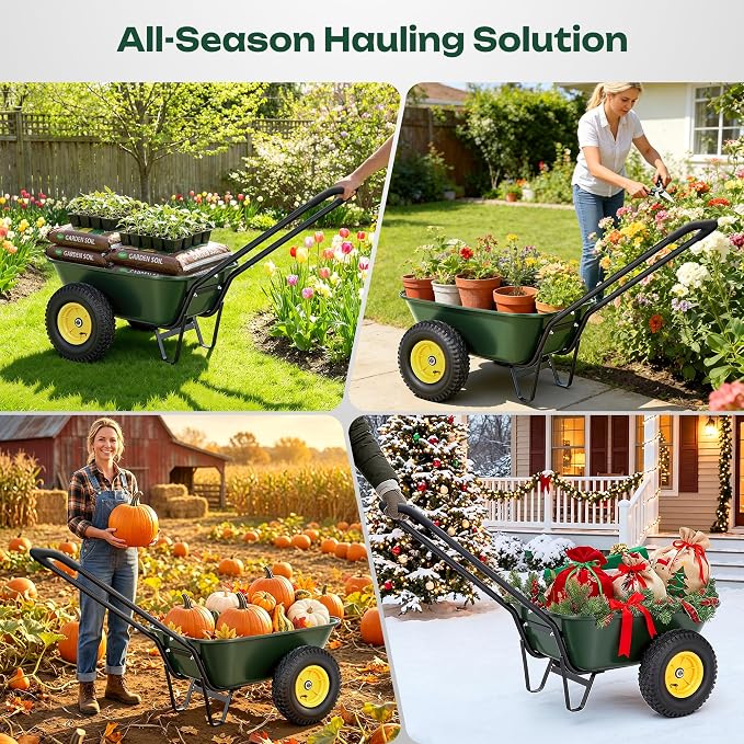 2 Wheel Wheelbarrows, Dual-Wheel Garden Dump Cart with 10" Non-Slip Pneumatic Tires & Ergonomic Padded Handle, Heavy-Duty Utility Yard Cart Wagon with 3 Cu Ft Capacity for Lawn, Gardening,Farm