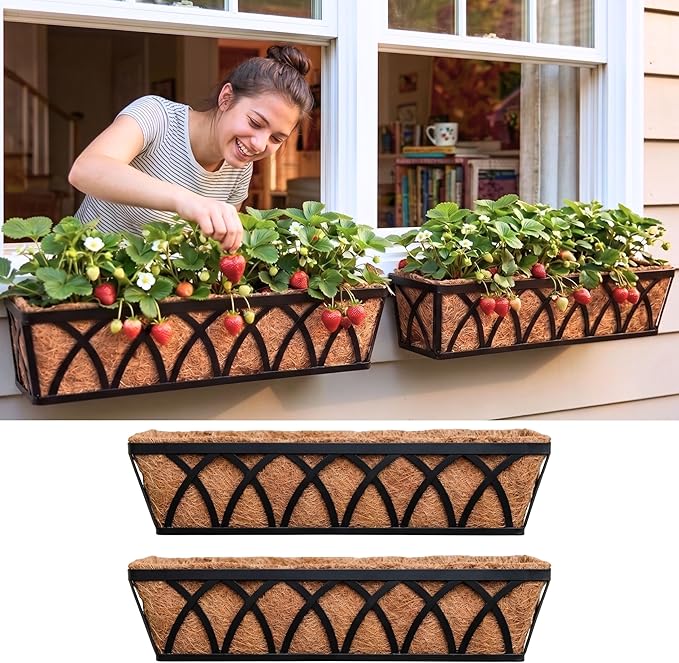 LaLaGreen Wall Hanging Planters (2 Pack, 30 Inch) Balcony Fence Planter with Coco Liner, Metal Window Planter Box Attach House Outdoor Flower Basket Plant Holder Rail Railing Deck Porch Horse Trough