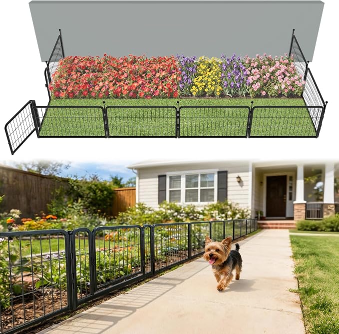FXW Garden Fence Outdoor for the Yard – 17in(H) x 19.6ft(L) Heavy Duty Metal Animal Barrier for Dog, No Dig Decorative Dog Fence, 8 Panels, Black