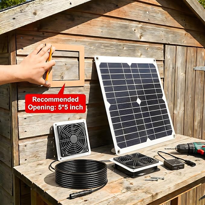 20W Monocrystalline Solar Powered Fan Kit, IP54 Waterproof Dual Exhaust Fan with Control Switch & USB Ports for Chicken Coop, Greenhouse, Shed, RV, Outdoor Ventilation