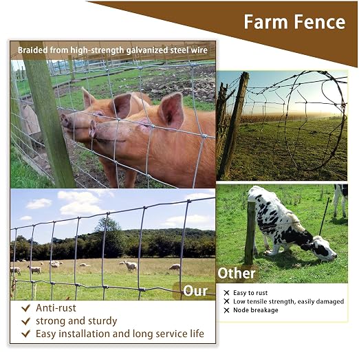6ft x 100ft Thicker Heavy-Duty Livestock Fence, High-Zinc Galvanized Cattle Fence, Farm Wire Fencing for Hog, Goat, Deer & Horse