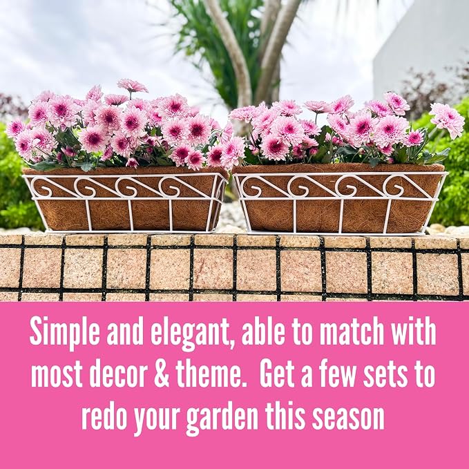 LaLaGreen Wall Mounted Planters (16 Inch, 2 Pack) Window Flower Boxes Basket Outdoor, Balcony Planter Over the Rail, Deck Railing Hanging with Coco Liners, White Metal Horse Troughs Fence Patio Porch
