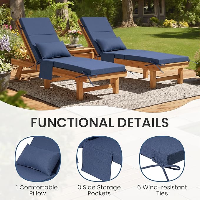 Crestlive Products Foldable Outdoor Chaise Lounge Cushions with Head Pillow and Side Pockets,Water Repellent & Fade Resistant Lounge Chair Cushion, 72''L x 21''W, Set of 2, Sky Blue
