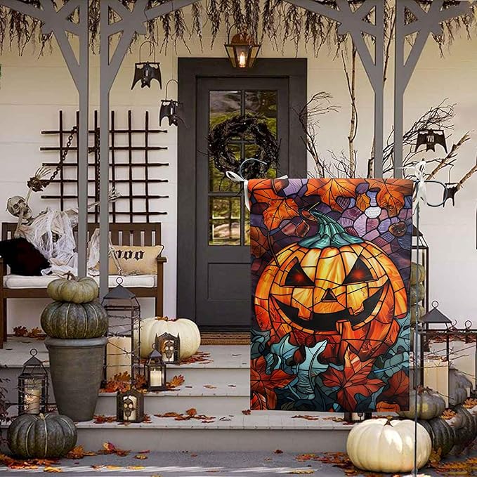 Spooky Pumpkin House Flag Scary Halloween Flags for Outside 28x40 Double Sided Large Stained Glass Fall Garden Flags Autumn Yard Flag for Outdoor Porch Lawn Farmhouse Thanksgiving Decor