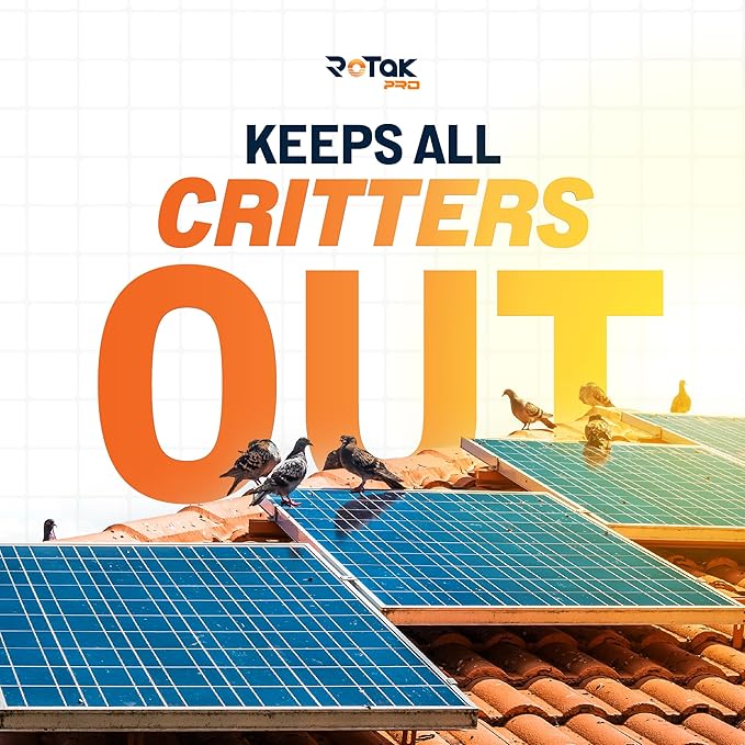 Rotak Critter Guard PRO - 8in x 100ft Solar Panel Bird Prevention Roll Kit with 100 Fastener Clips - Heavy Duty Galvanized Black PVC Coated ½ inch Wire Roll Mesh (8" PRO + 100 Clips)